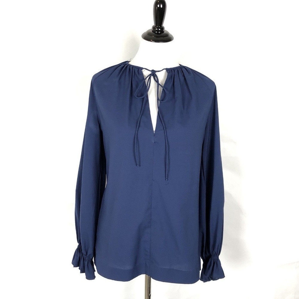 Vintage 70s Peasant Tie Neck Blouse Womens 10 Blue Minimalist Indie Casual